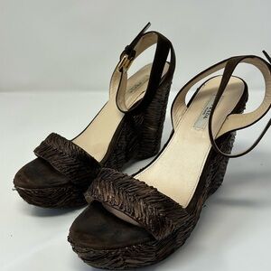 Prada Raffia Wedge Sandals‎ Brown Platform Ankle Strap Women’s 37.5 / 7.5